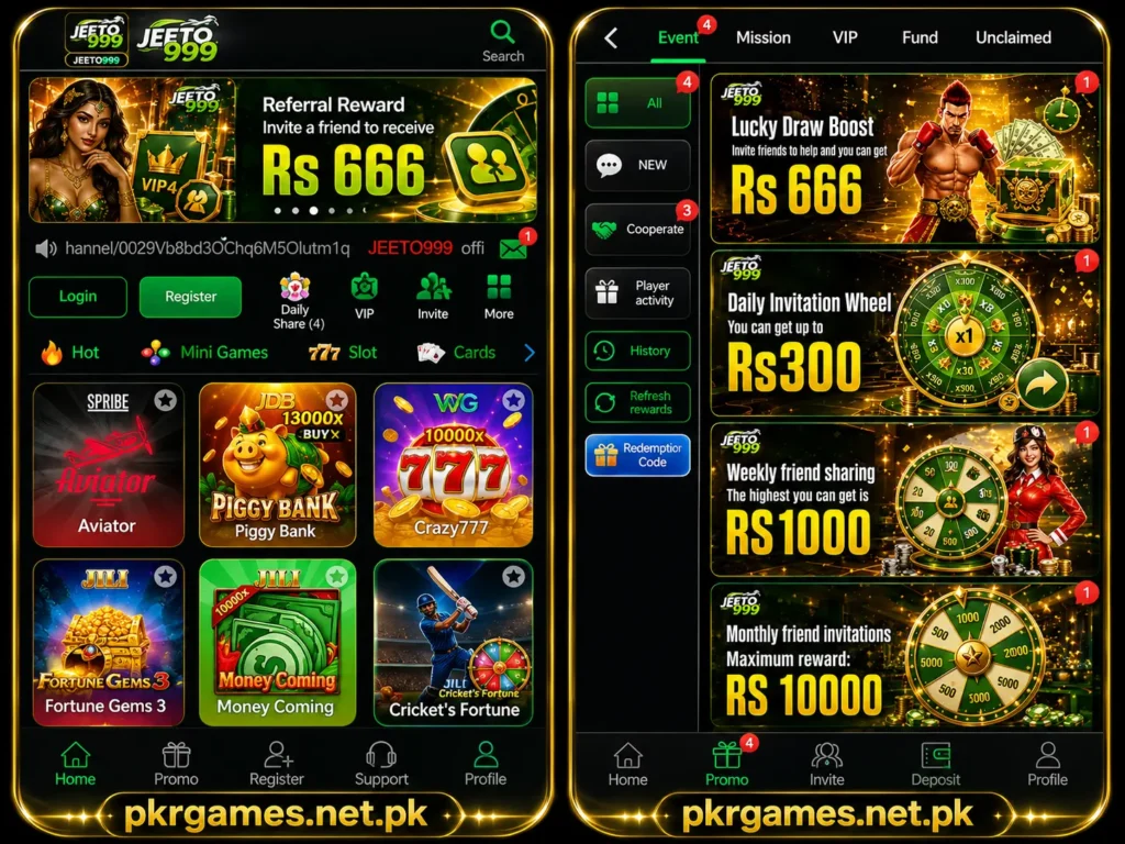 Jeeto999 Game home screen with casino games